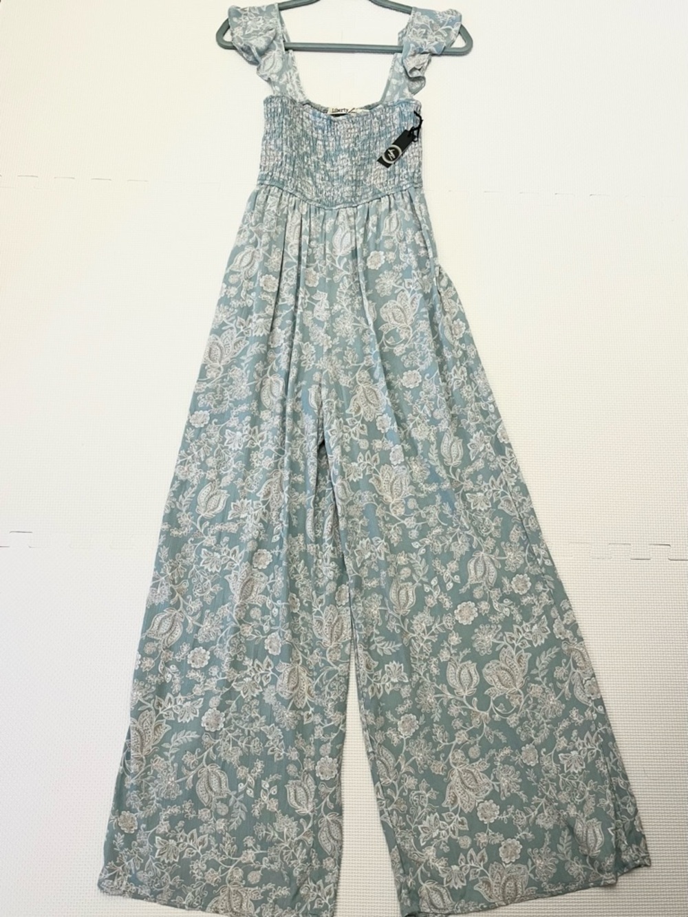 Liberty Love Sage Green Floral Smocked Wide Leg Jumpsuit Size Small NWT